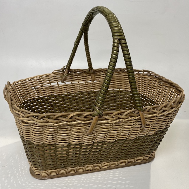 BASKET, Shopping - Vintage Cane and Olive Green Rectangular